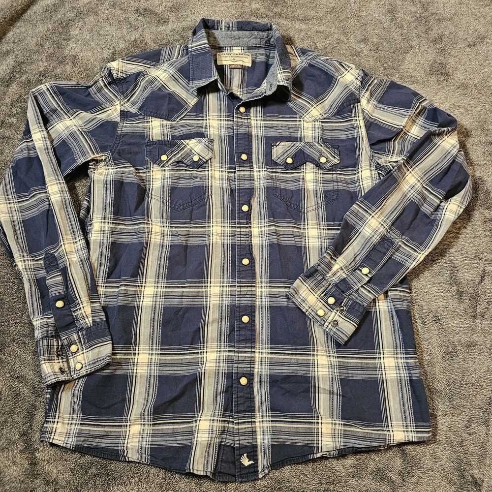 Cody James Mens M Western Shirt Blue Plaid Pearl Snap Long Sleeve Cowboy